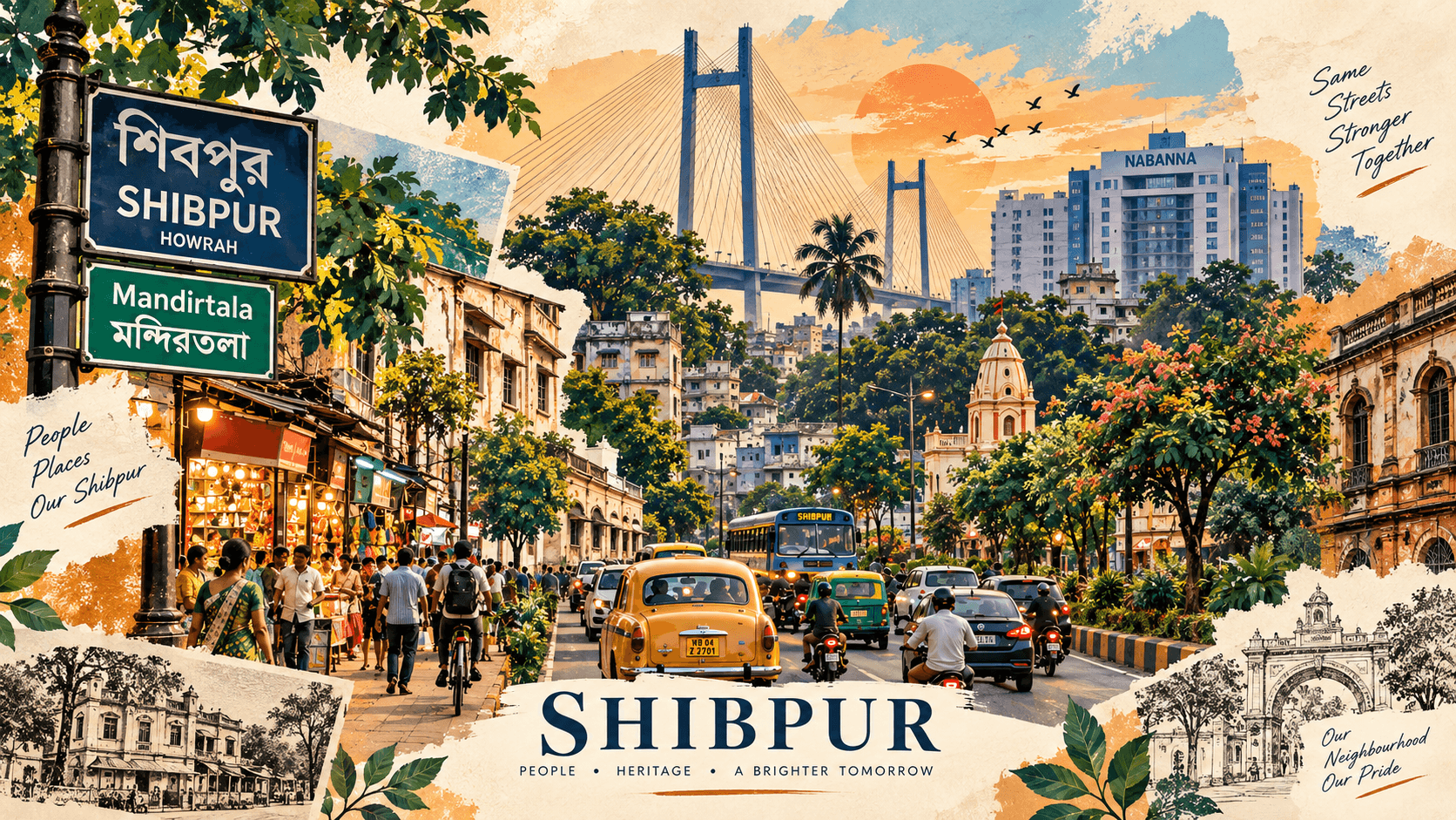 Illustrated collage of Shibpur, Howrah: a Shibpur street sign, a busy market street with a yellow taxi and a bus, old buildings and the river bridge, captioned People • Heritage • A Brighter Tomorrow